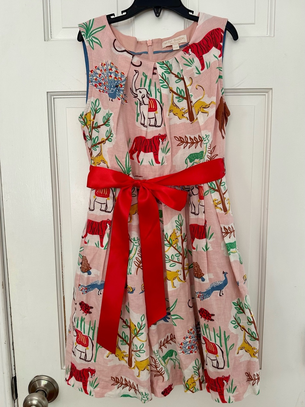 Mini Boden Girls Linen/Cotton Dress Jungle Theme w Red Ribbon Accent Sz 9/10